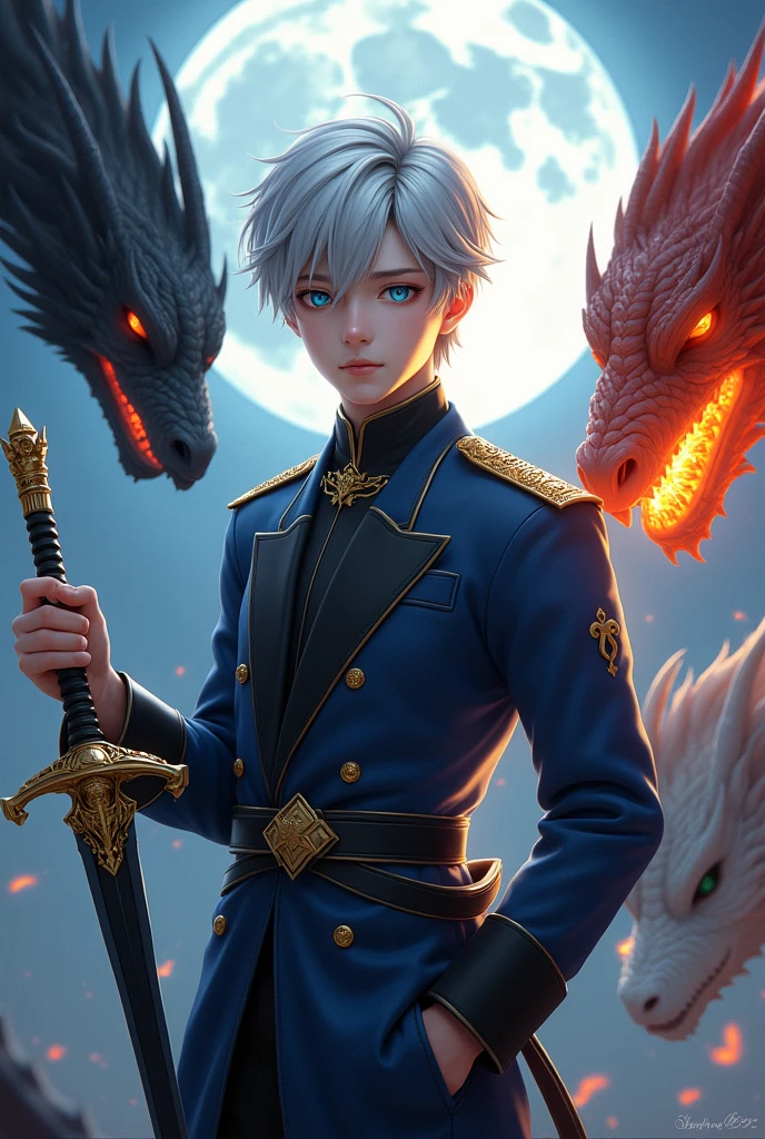 Short_silver_hair, hair_back_side, small_bangs_on the sides, 1young_man, really_sky_blue_eyes, beautiful_and_detailed_eyes, serious_face, dress, noble_uniform, holding_a_black_sword_with_golden_dragon_handle, left_hand_inside_pocket, black_pants, detailed_hands, with_real_like_dragons_black_dragon, fire_dragon, white_dragon, background_Moonlight, better_quality, HD_quality
