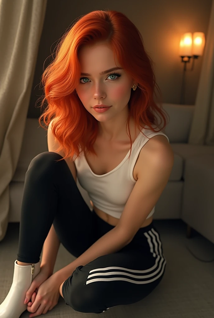 A young woman with vibrant red hair and striking blue eyes, leaning towards the camera, wearing white ankle boots, black leggings with 3 white stripes on the sides, and a white top, 1girl, beautiful detailed eyes, beautiful detailed lips, extremely detailed face and eyes, long eyelashes, photorealistic, 8k, highly detailed, masterpiece, elegant, cinematic lighting, dynamic pose, atmospheric, warm color palette