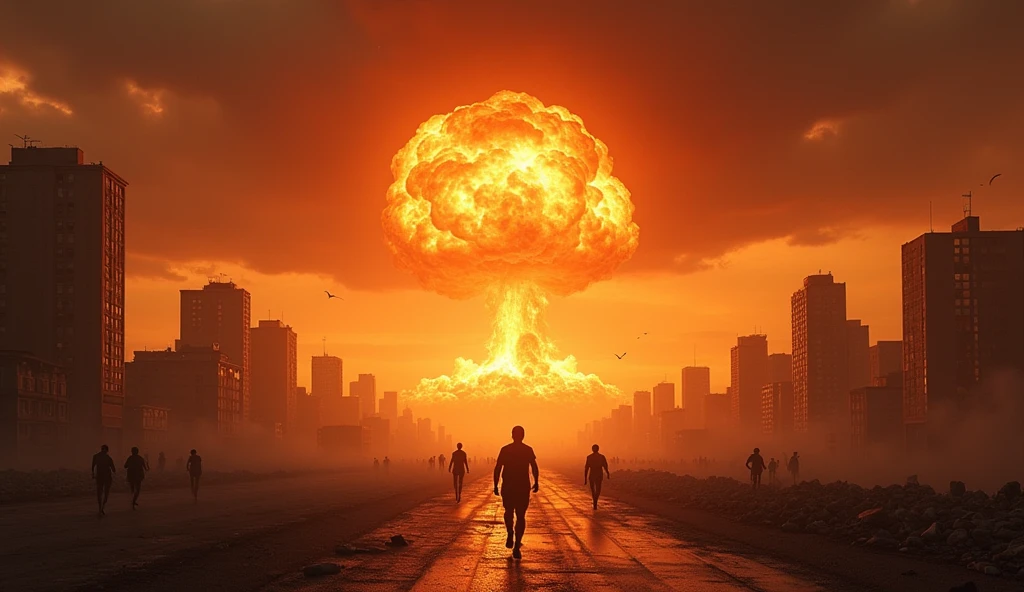 1 nuclear explosion over a city, highly detailed, cinematic, dramatic lighting, volumetric clouds, glowing orange sky, towering mushroom cloud, panicked people running, debris and destruction, photorealistic, 8k, hyper-realistic, award-winning, concept art style