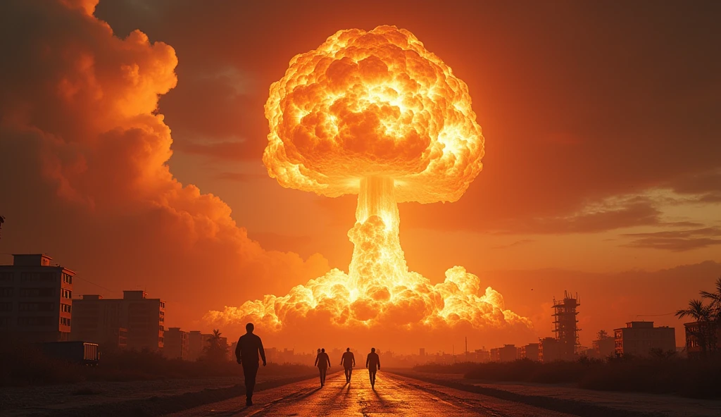1 nuclear explosion over a city, highly detailed, cinematic, dramatic lighting, volumetric clouds, glowing orange sky, towering mushroom cloud, panicked people running, debris and destruction, photorealistic, 8k, hyper-realistic, award-winning, concept art style