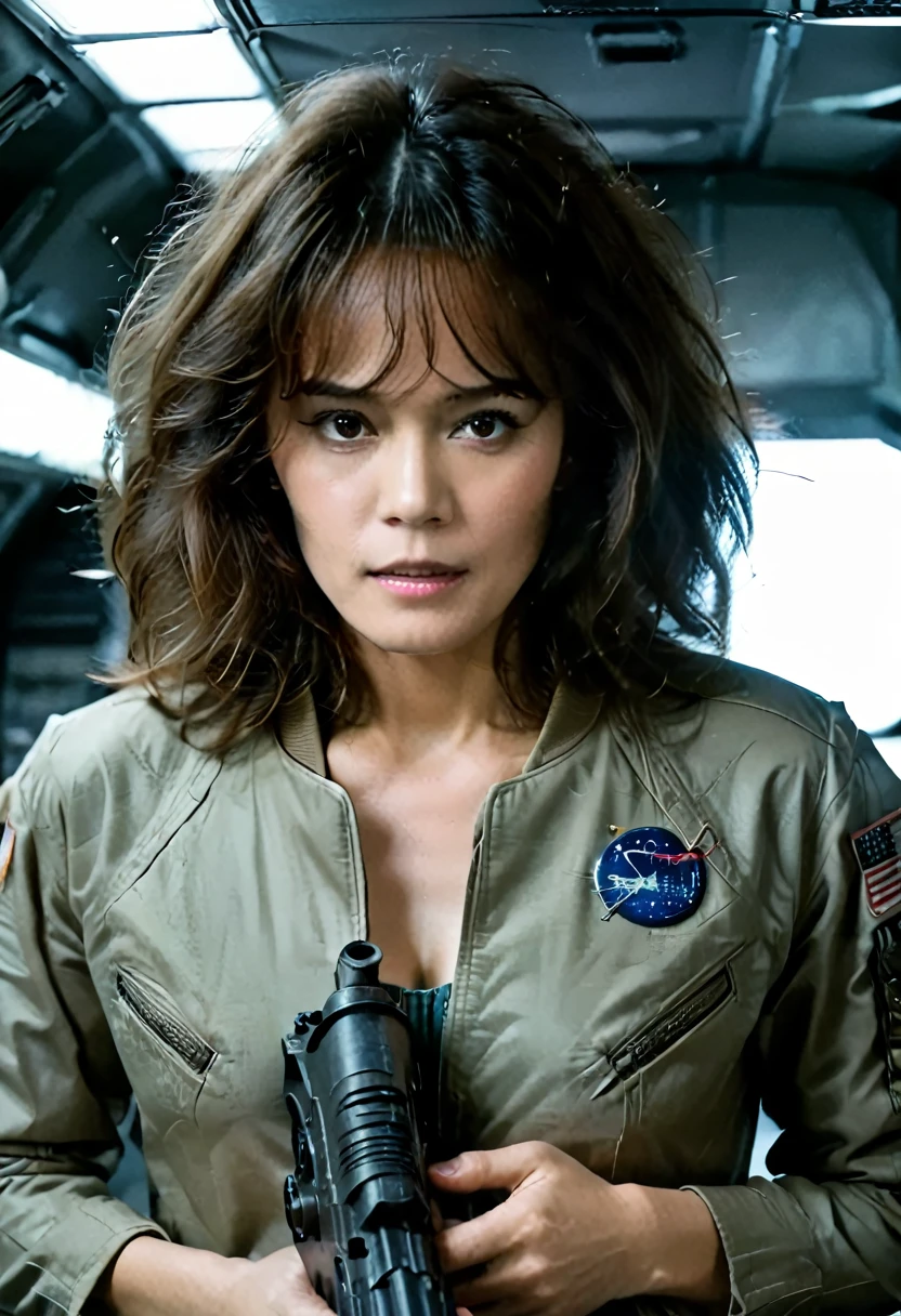 1girl(asian, very young, cute, sigourney weaver's jacket in alien(1979),  ample cleavage, sigourney weaver's 80s hair, petite, small frame, small breasts, hourglass figure), in nostromo spaceship, akira kurosawa style, 80s style, full technicolor, vintage, looking at the viewer, holding a plasma gun from the movie aliens