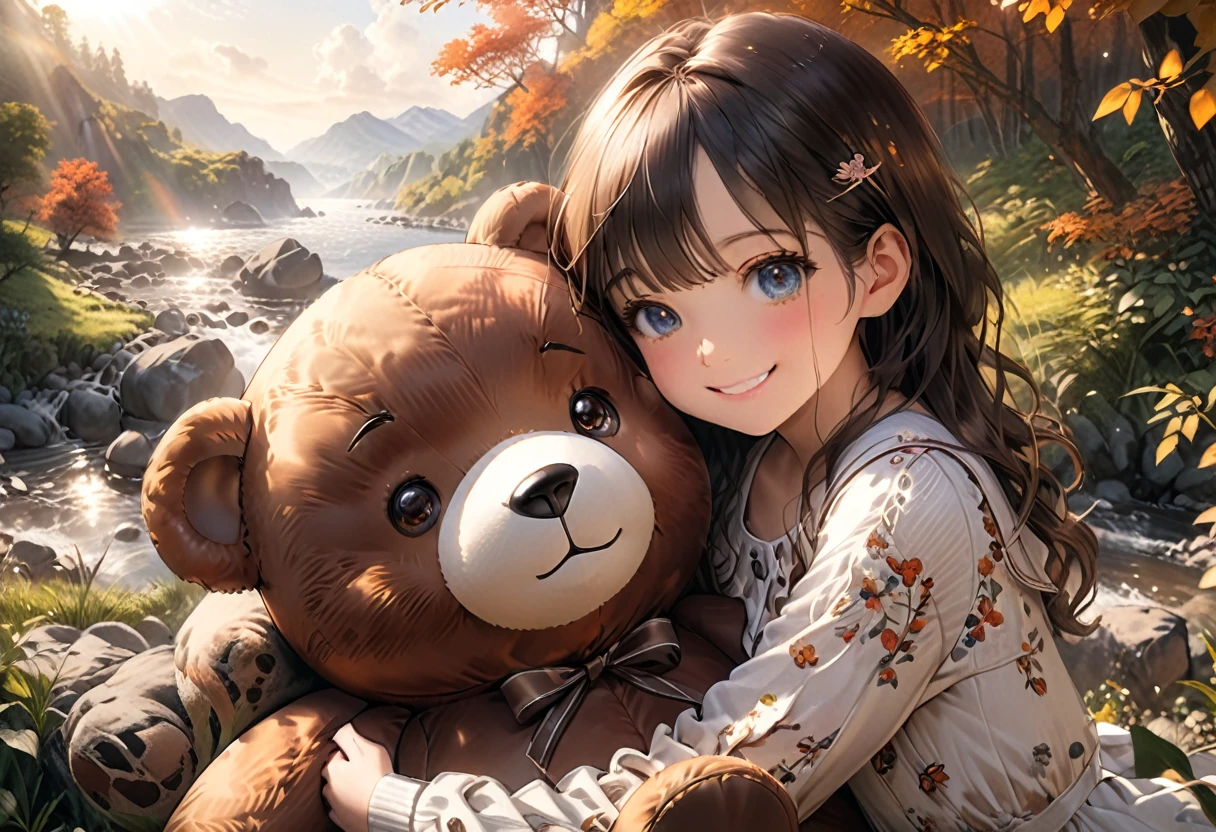 a girl, cute girl, happy girl, hugging giant teddy bear, giant teddy bear, same size as girl, detailed face, beautiful eyes, cute smile, detailed clothing, soft lighting, warm colors, photorealistic, 8k, detailed background, beautiful scenery, nature setting, highly detailed, masterpiece