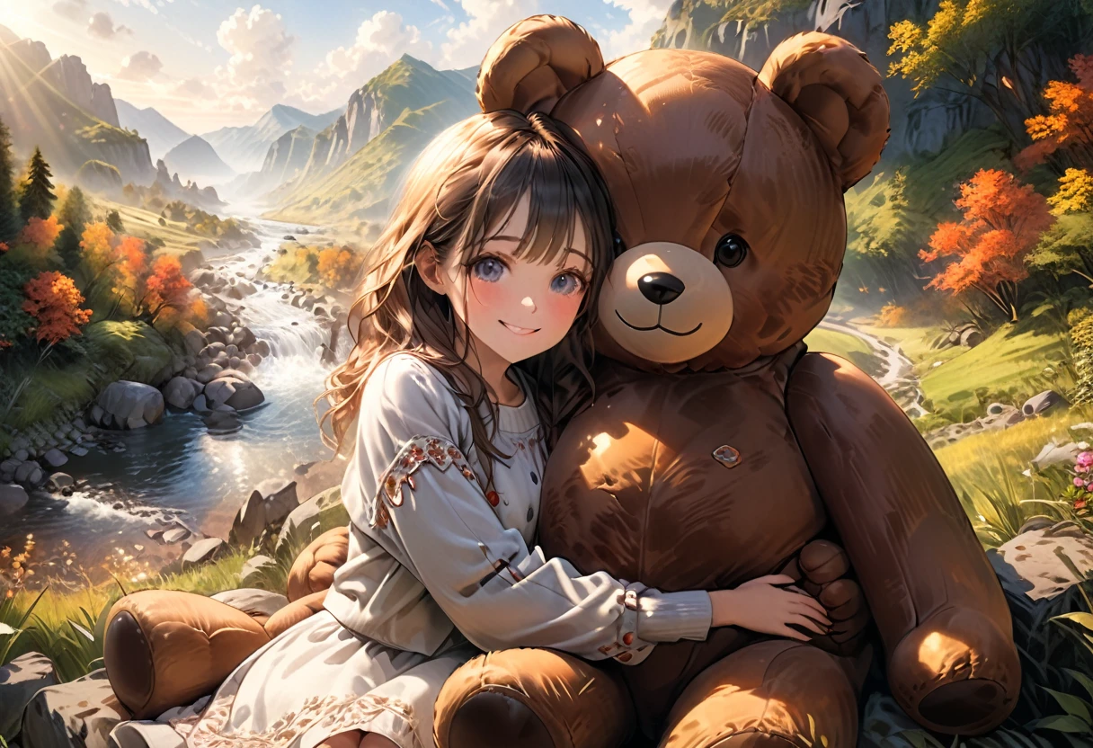 a  girl, cute girl, happy girl, hugging giant teddy bear, giant teddy bear, same size as girl, detailed face, beautiful eyes, cute smile, detailed clothing, soft lighting, warm colors, photorealistic, 8k, detailed background, beautiful scenery, nature setting, highly detailed, masterpiece