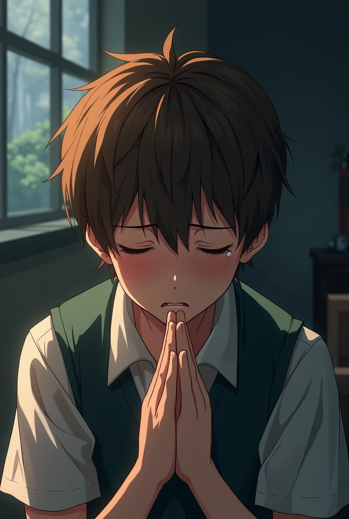 boy、Pray、tears、chestnut hair、shorth hair、's uniform、high school student
