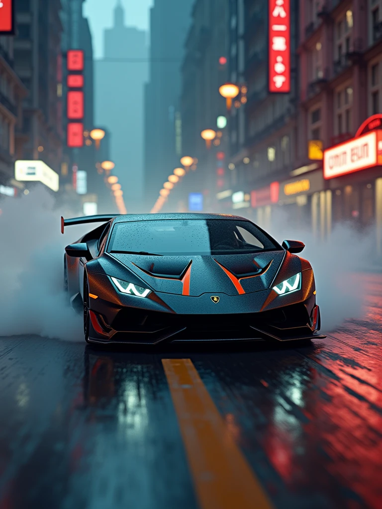 ((Masterpiece in maximum 16K resolution):1.6),((soft_color_photograpy:)1.5), ((Ultra-Detailed):1.4),((Movie-like still images and dynamic angles):1.3), ((motion blur):1.1) | (Cinematic photo of a speeding Lamborghini huracan performante race car), (street race), (cinematic lens), ((tyndall effect):1.1), (Street light), (smoke), (super car), (Night at City Street), (sense of speed), (shimmer), (visual experience), (Realism), (Realistic), award-winning graphics, dark shot, film grain, extremely detailed, Digital Art, rtx, Unreal Engine, scene concept anti glare effect, All captured with sharp focus.

Rendered in ultra-high definition with UHD and retina quality, this masterpiece ensures anatomical correctness and textured skin with super detail. With a focus on high quality and accuracy, this award-winning portrayal captures every nuance in stunning 16k resolution, immersing viewers in its lifelike depiction. Avoid extreme angles or exaggerated expressions to maintain realism.