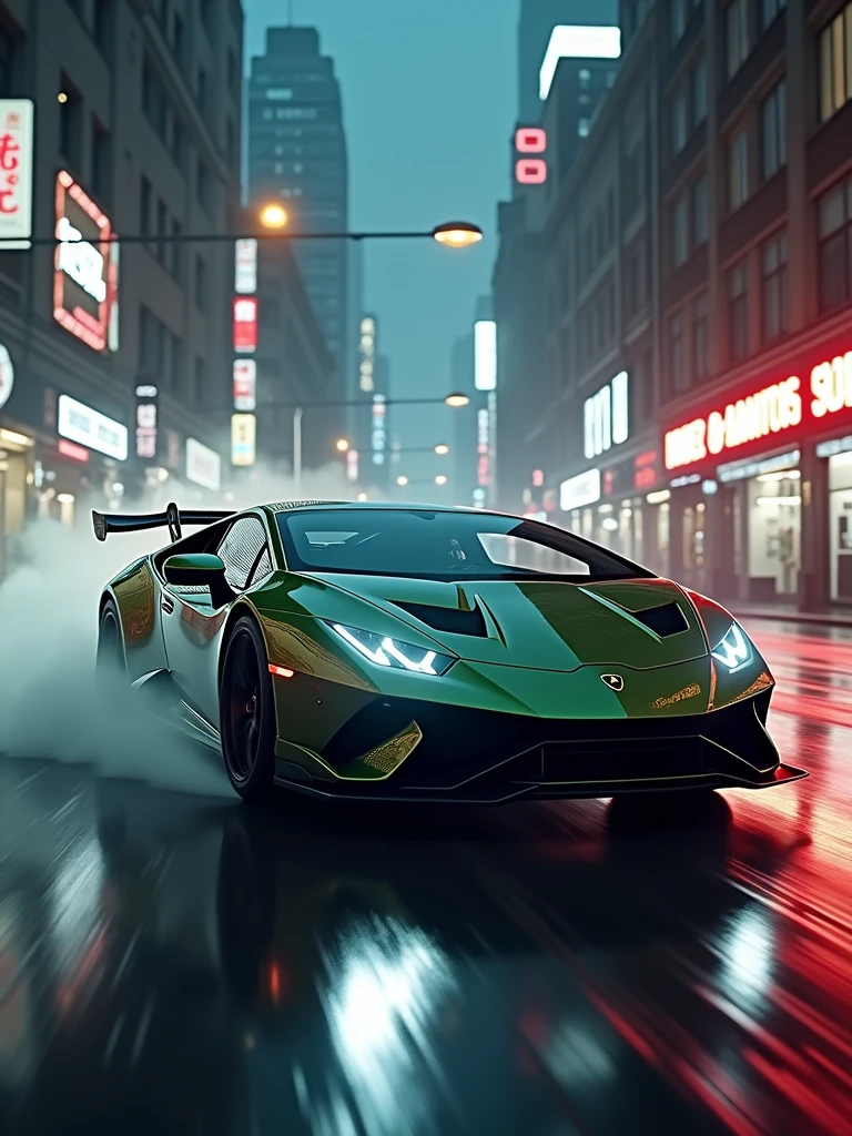 ((Masterpiece in maximum 16K resolution):1.6),((soft_color_photograpy:)1.5), ((Ultra-Detailed):1.4),((Movie-like still images and dynamic angles):1.3), ((motion blur):1.1) | (Cinematic photo of a speeding Lamborghini huracan performante race car), (street race), (cinematic lens), ((tyndall effect):1.1), (Street light), (smoke), (super car), (Night at City Street), (sense of speed), (shimmer), (visual experience), (Realism), (Realistic), award-winning graphics, dark shot, film grain, extremely detailed, Digital Art, rtx, Unreal Engine, scene concept anti glare effect, All captured with sharp focus.
Rendered in ultra-high definition with UHD and retina quality, this masterpiece ensures anatomical correctness and textured skin with super detail. With a focus on high quality and accuracy, this award-winning portrayal captures every nuance in stunning 16k resolution, immersing viewers in its lifelike depiction. Avoid extreme angles or exaggerated expressions to maintain realism.