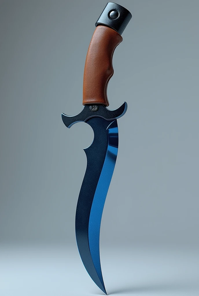 3d Karambit made of blue titanium with brown leather wrapped handle, standing upright on a plain background