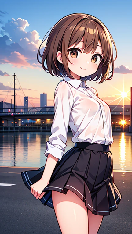 One girl、2、(Brown hair short cut)、Beautiful brown hair、Perfect Face、Shiny skin、Friendly smile、Very clear, reflective brown eyes、Slightly chubby、Small breasts、buttocks are small、A girl in a white button-down shirt and a tight skirt、Let's think step by step,Highest quality、masterpiece、 Ultra-high resolution 、8k、Show anime style 、Soft Line Art、Digital Enhancement、 shojo anime touch, shojo manga core, Flowing fabric、Soft Drawing、 Ultra-Definition Digital Anime Art、 Clear facial depiction、Super detailed girl cartoon character art、 Ultra-detailed manga style、 Highest qualityの色、Walking around the city、Front shot、Clouds in the sky、Warm and soft sunset、A pleasant breeze blows、Beautiful hair blowing in the wind