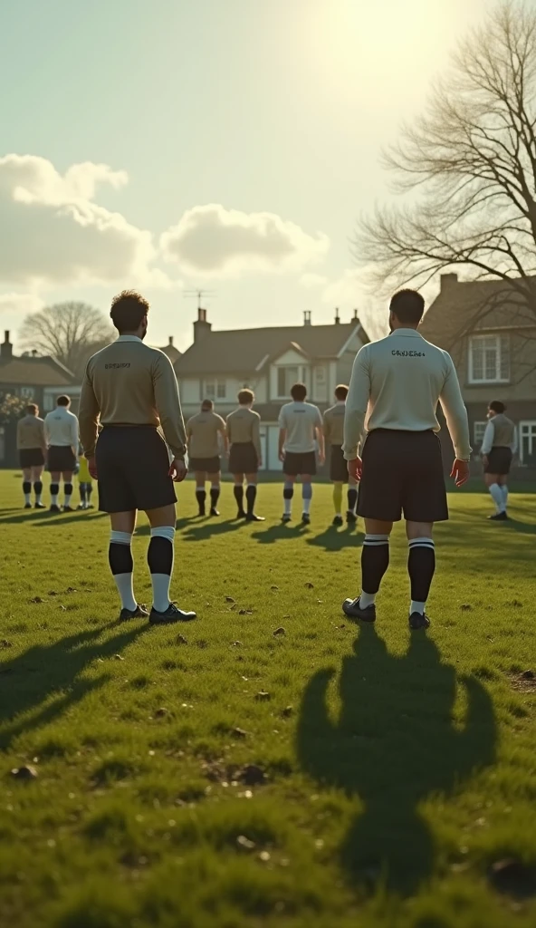 "On a simple grassy field in the Barnes neighborhood, two teams faced off in an event that would mark the beginning of a global sport, with players positioned on a slightly uneven patch of grass, wearing plain long-sleeved shirts and knee-high socks, the backdrop featuring modest houses and the Thames River in the distance, framed by the autumn sky, captured in hyper-realistic, photo realism, cinematography -- ar 9:16."