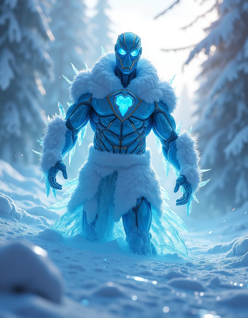 extremely detailed 8k wallpaper), Full body ( maskedice-man From Marvel dressed in ice style: 1.3) emerging from cyan frozen ice, colourful winter colours, extremely detailed, volumetric lighting