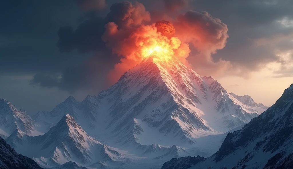 detailed illustration of a bomb exploding on the top of Mount Everest, dramatic lighting, apocalyptic atmosphere, dark clouds, snow and ice, destruction, chaos, awe-inspiring scale, cinematic composition, highly detailed, hyper realistic, 8k, photorealistic, dynamic range, volumetric lighting, cinematic camera angle, extreme detail, masterpiece