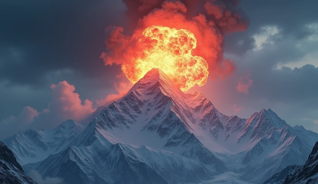 detailed illustration of a bomb exploding on the top of Mount Everest, dramatic lighting, apocalyptic atmosphere, dark clouds, snow and ice, destruction, chaos, awe-inspiring scale, cinematic composition, highly detailed, hyper realistic, 8k, photorealistic, dynamic range, volumetric lighting, cinematic camera angle, extreme detail, masterpiece