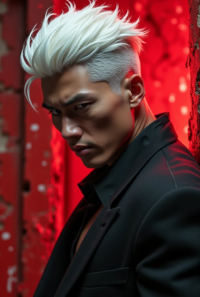 man(Japan)20 years old, white hair, Two blocks of haircut, Obscene set, Provocative image, perfect face, Tall and strong, 8k quality, Ridiculous details and texture qualities,