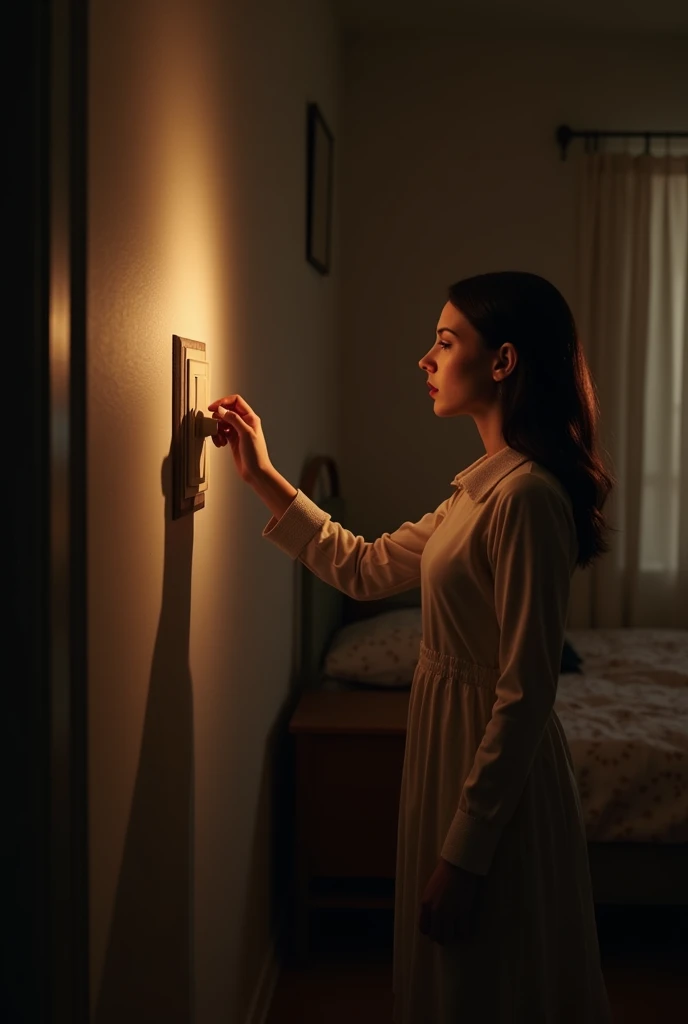 Jessica’s hand reaching for the bedroom light switch, with the room cast in half-light, creating a sense of tension and anticipation.