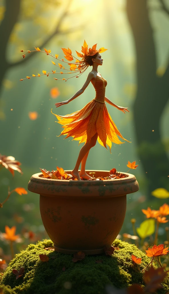 A whimsical miniature figure composed of delicately arranged autumn leaves, poised in a carefree dance on the rim of a weathered, moss-covered terracotta pot, set against a lust, vibrant forest backdrop, Dappled sunlight filters through the canopy above, casting intricate shadows. The overall aesthetic is ethereal, with warm, earthy tones of sienna, umber, and olive green, infused with hints of emerald and golden light, evoking a sense of wonder and enchantment, as if plucked from a fantastical realm. The leaves, elongated to enhance their height, glisten with droplets of water, adding to the magical, dreamy atmosphere.