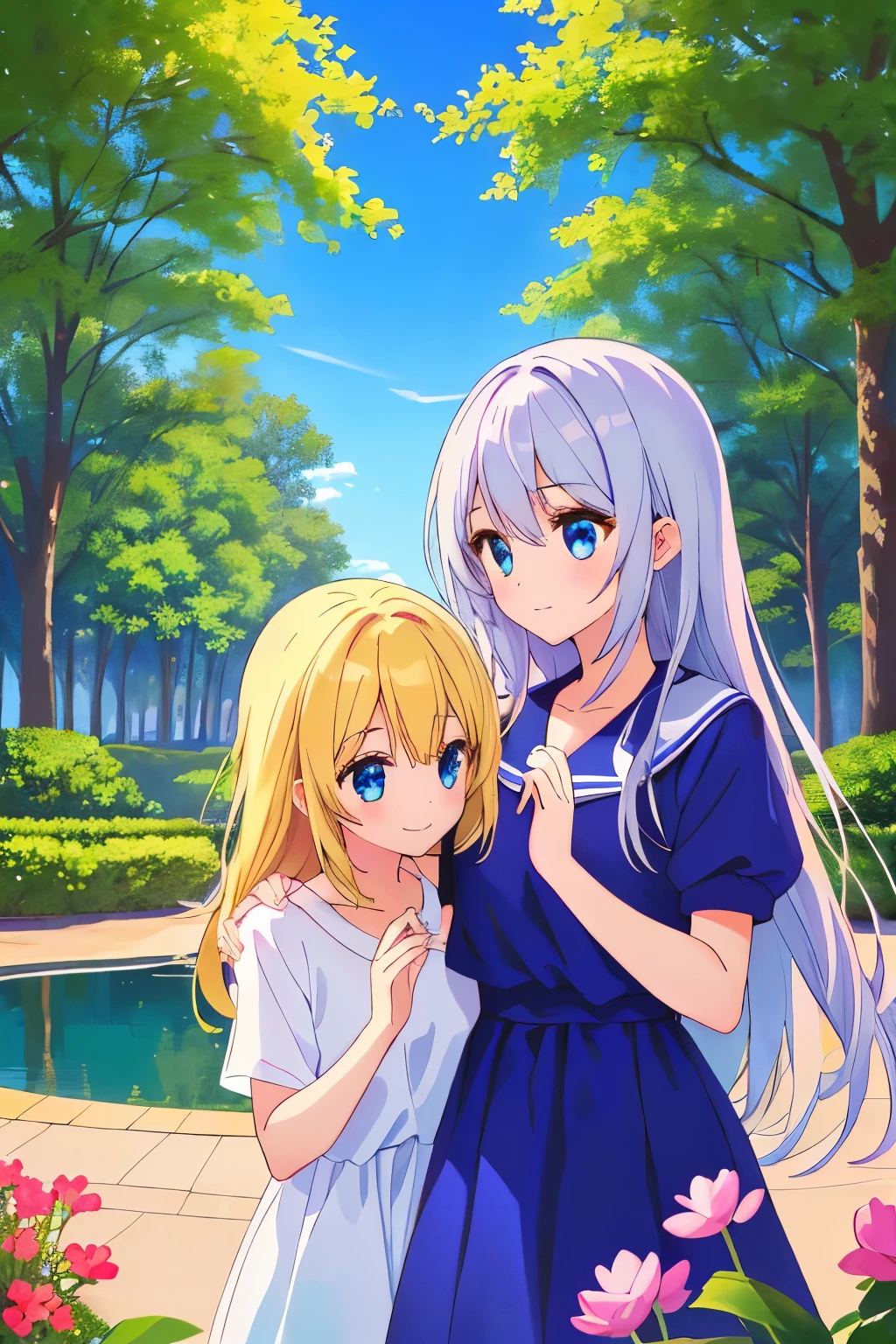 Two anime-style high school girls in a park square.
Upper Body,
high resolution,anime, One girl, with long, flowing silver hair and blue eyes, wearing a light summer dress, is gently patting the head of the other girl, who has shoulder-length blonde hair and hazel eyes, dressed in a sporty outfit. The park is full of blooming flowers, tall trees, and a serene pond in the background, creating a peaceful and supportive environment for their interaction.