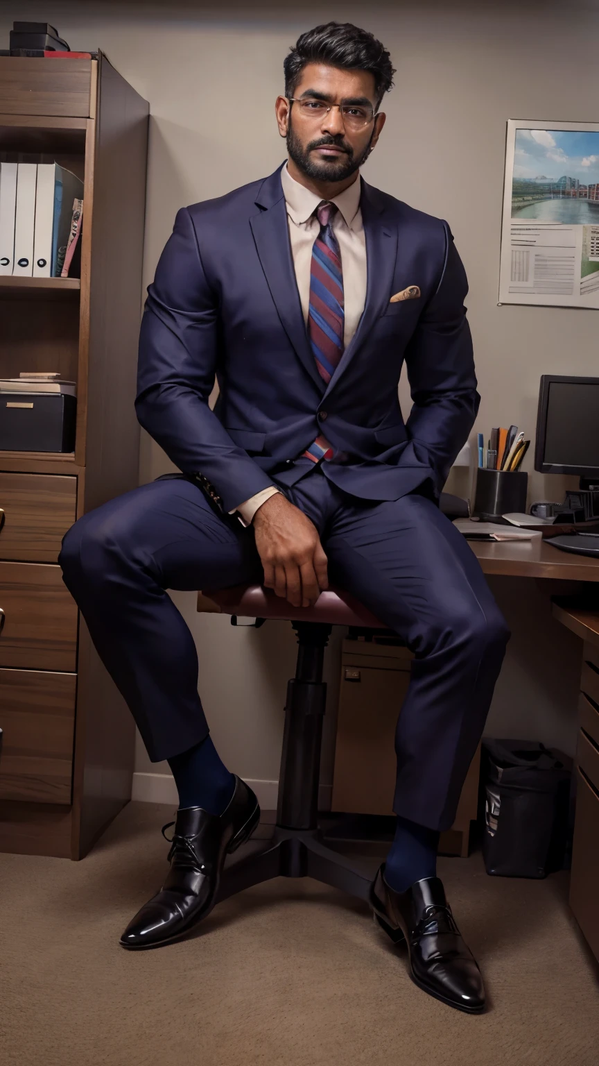 Indian business man bandhoiz thick beard dark color body doing work in office weared formal suit, tall nude hairy legs and big monster bulge, formal pointed shoes and socks, masterpiece, realistic, hd, hdr, D750F nikon camera photography, sharpness, perfect photography 