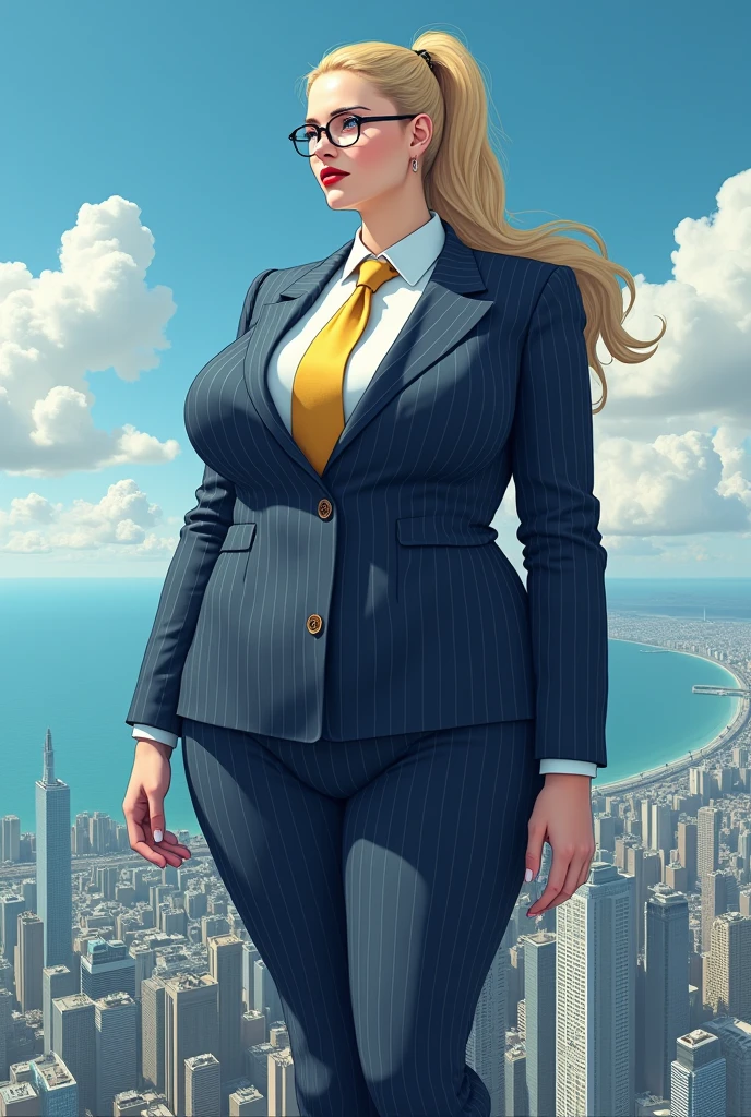 (photorealism:1.2) beautiful a massive curvy blonde ponytail red lips wearing a perfect dark blue pinstripe suit with a thick golden tie large collar large breasts standing giantess art highly detailed giantess shots giantess most detailed perfect face Two legs Five fingers ponytail A high school girl who is bigger than a skyscraper Wearing rimless glasses smile huge breasts seaside metropolis numerous Destroying cities A very small big city Miniature metropolis Full body description GTS giga giantess gigagts stomping city crash city tiny city micro city High resolution highest quality masterpiece, 