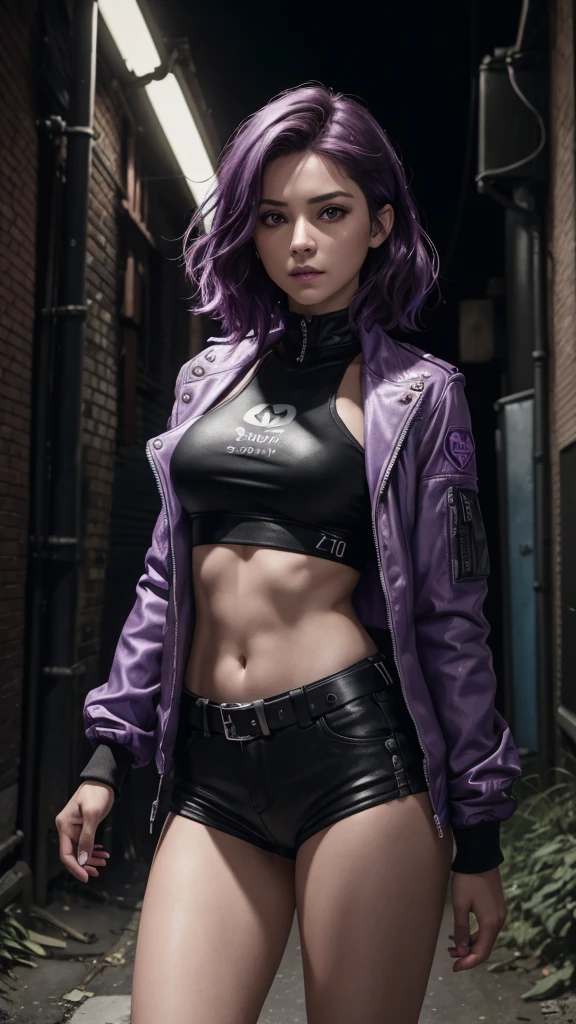 (A Rebel 30-Year-Old Female Resistance Leader), (Short Wavy Violet Hair), (Dark Purple Eyes), (Fair Skin), (Wearing Violet Resistance Member Jacket and Black Crop Top), (Dystopian Rural City Alleyway at Night), (Dynamic Pose), Waist Up Shot, View From Front, Ambient Lighting, Photo Realism, Intricate Face Detail, Intricate Hand Details, Vibrant Colors, Highly Detailed, Picture Taken with Sony A7RIV, with Sony 16-35mm f/4 Lenses, Cinematic, High Definition, Trending on Artstation--style raw