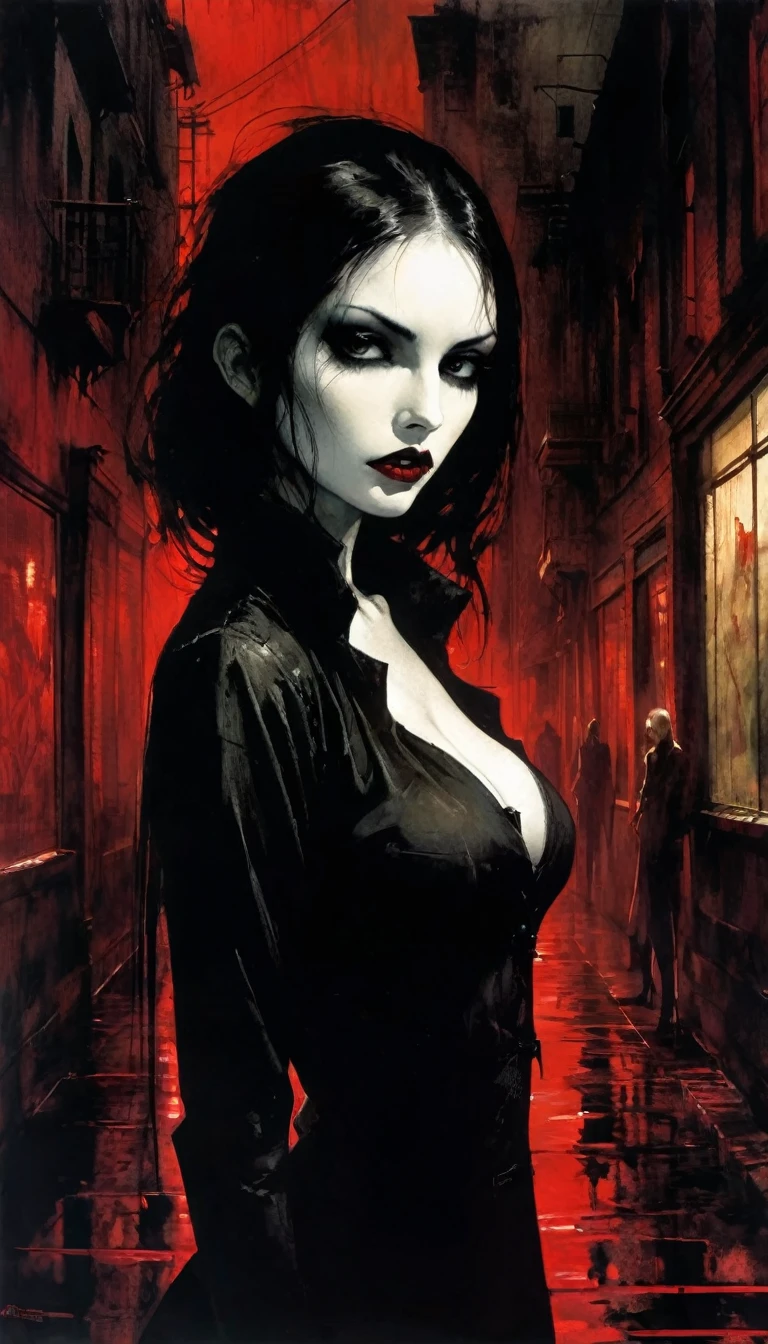 sexy vampire girl in the city of blood, gloomy buildings, blood canals, eroticism, sexy, black and white image, between shadows, oil painting, chiaroscuro, sensual, blood, dramatic lighting, moody atmosphere, photorealistic, intricate details, masterpiece, ultra-detailed, high quality, 8k, best quality, realistic, cinematic, dark and brooding, expressionistic, powerful composition, emotional impact, art inspired by Bill Sienkiewicz and Dave McKean