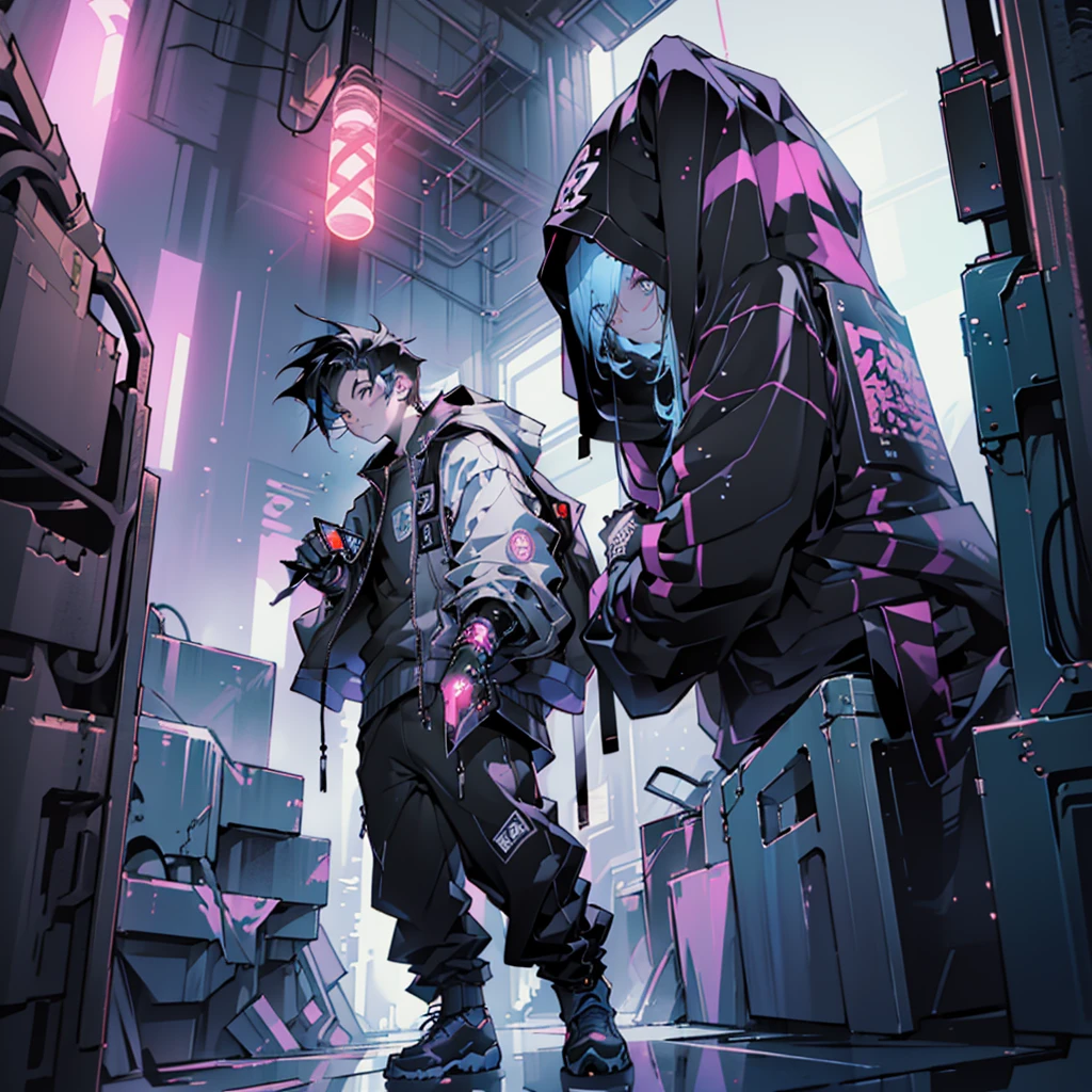 masterpiece, best quality), (Complex lighting), 1 boy,Handsome, Solitary, Complex lighting effects, black eyes, Cold and expressionless, Against the wall,Cyberpunk city background,anime boy,Panoramic view