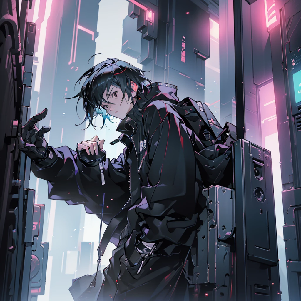 masterpiece, best quality), (Complex lighting), 1 boy,Handsome, Solitary, Complex lighting effects, black eyes, Cold and expressionless, Against the wall,Cyberpunk city background,anime boy,Panoramic view