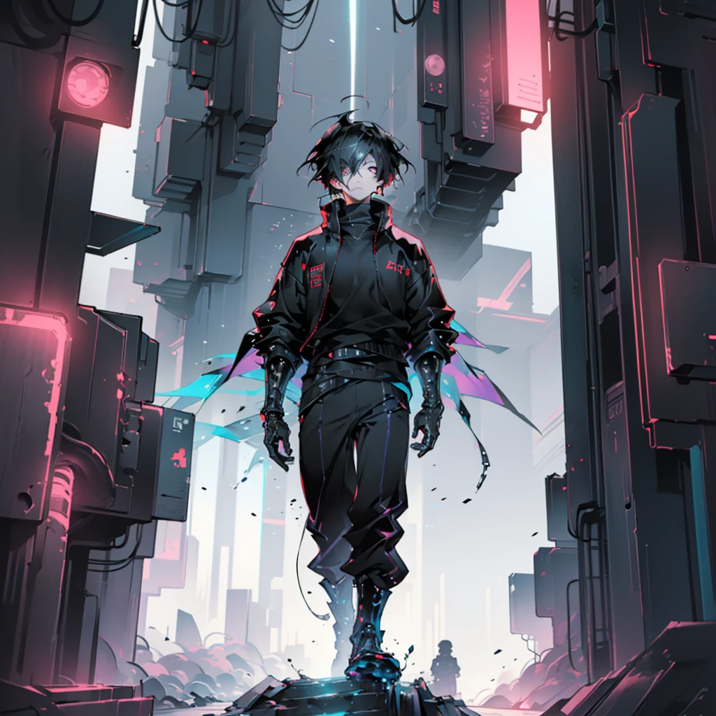 masterpiece, best quality), (Complex lighting), 1 boy，Handsome, Solitary, Complex lighting effects, black eyes, Cold and expressionless, Against the wall,Cyberpunk city background,anime boy，Panoramic view