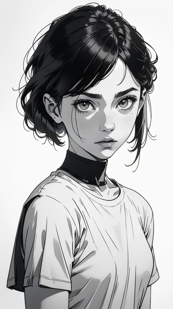 1 boyish girl, solo, sharp eyes, monochrome, greyscale, shoulder length black hair, portrait, (blank white T-shirt), Thin eyebrows, closed mouth, looking at viewer, detailed lips, hatching \(texture\), without makeup, (bangs), upper body, (best illustration), (best quality), (very detailed), (masterpiece), expressionless,