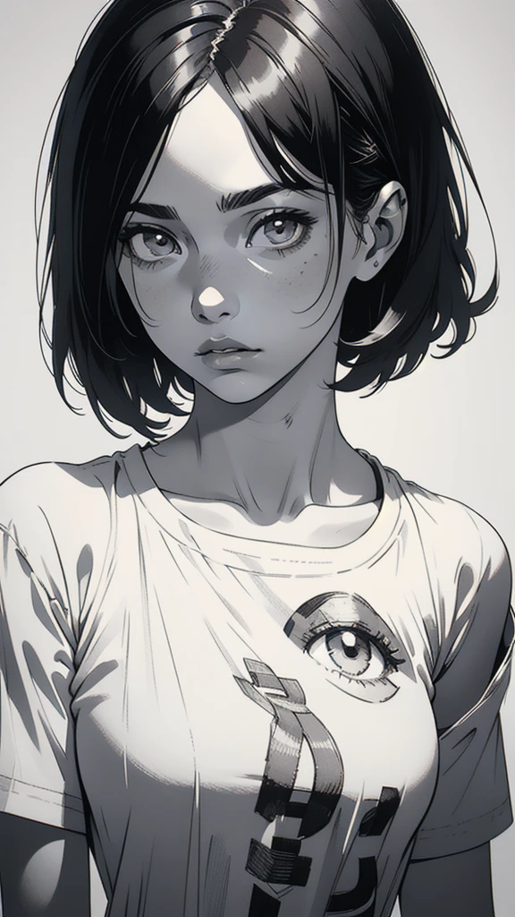 1 boyish girl, solo, sharp eyes, monochrome, greyscale, shoulder length black hair, portrait, (blank white T-shirt), Thin eyebrows, closed mouth, looking at viewer, detailed lips, hatching \(texture\), without makeup, (bangs), upper body, (best illustration), (best quality), (very detailed), (masterpiece), expressionless,