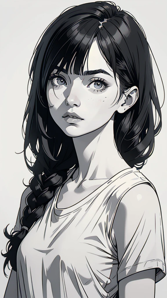 1 boyish girl, solo, sharp eyes, monochrome, greyscale, shoulder length black hair, portrait, (blank white T-shirt), Thin eyebrows, closed mouth, looking at viewer, detailed lips, hatching \(texture\), without makeup, (bangs), upper body, (best illustration), (best quality), (very detailed), (masterpiece), expressionless,