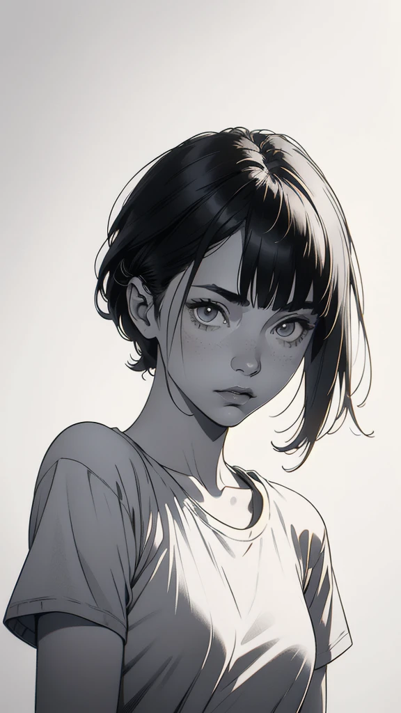 1 boyish girl, solo, sharp eyes, monochrome, greyscale, shoulder length black hair, portrait, (blank white T-shirt), Thin eyebrows, closed mouth, looking at viewer, detailed lips, hatching \(texture\), without makeup, (bangs), upper body, (best illustration), (best quality), (very detailed), (masterpiece), expressionless,