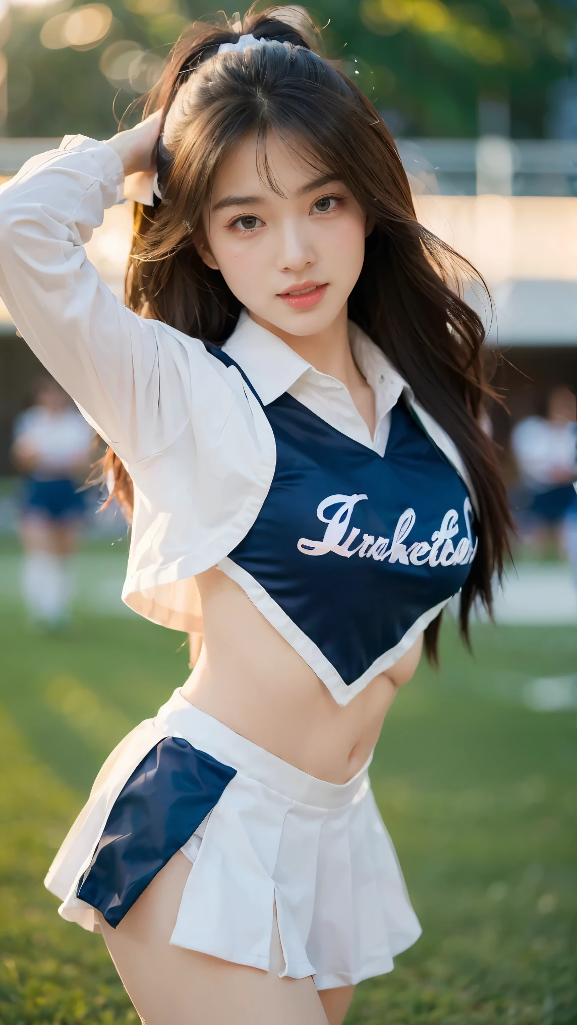 cheerleader,little smile,cheer leading,cheerleader uniform, (((masterpiece))), (((best quality))), ((ultra-detailed)), (illustration), ((an extremely delicate and beautiful)),(bokeh,blurry background),(best shadow), 1girl,white panties, black hair, long hair, kawaii,cute,, shine Highlight Spot on eyes, character focus,head tilt,