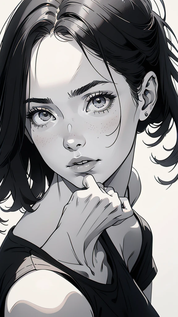 1 boyish girl, solo, sharp eyes, monochrome, greyscale, shoulder length black hair, portrait, (blank white T-shirt), Thin eyebrows, closed mouth, looking at viewer, detailed lips, hatching \(texture\), without makeup, (bangs), upper body, (best illustration), (best quality), (very detailed), (masterpiece), expressionless,