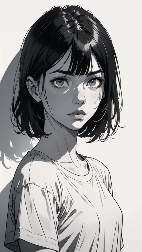 1 boyish girl, solo, sharp eyes, monochrome, greyscale, shoulder length black hair, portrait, (blank white T-shirt), Thin eyebrows, closed mouth, looking at viewer, detailed lips, hatching \(texture\), without makeup, (bangs), upper body, (best illustration), (best quality), (very detailed), (masterpiece), expressionless,