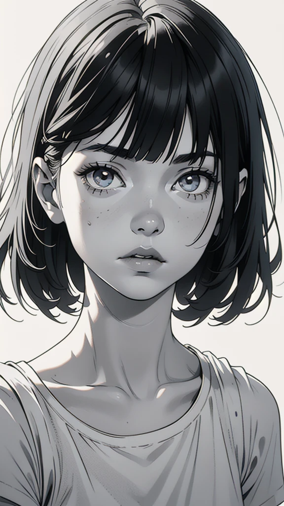1 boyish girl, solo, sharp eyes, monochrome, greyscale, shoulder length black hair, portrait, (blank white T-shirt), Thin eyebrows, closed mouth, looking at viewer, detailed lips, hatching \(texture\), without makeup, (bangs), upper body, (best illustration), (best quality), (very detailed), (masterpiece), expressionless,