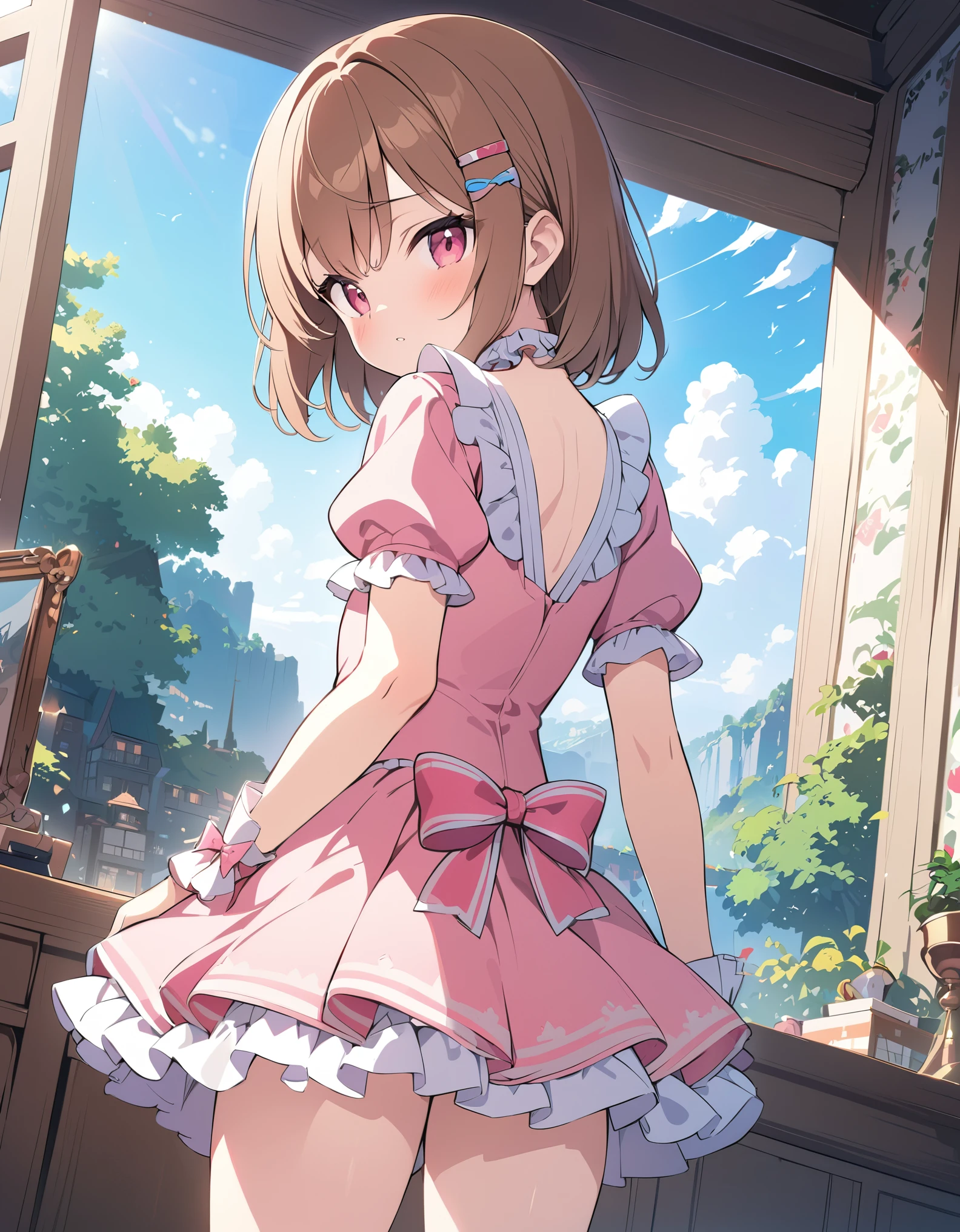 (masterpiece:1.2), best quality, highres, original, (extremely detailed:1.2), ultra-detailed, wallpaper, perfect lighting,(extremely detailed CG:1.2), 8k, anime illustration, HD, cute, kawaii, 1boy, crossdressing, solo, tomgirl, (brown hair, hairclip:1.1), (Lolita Fashion, short sleeves, pink dress, mini dress, delicate dress, ruffles hemline, ribbon on dress, flat chest, breastless:1.2), thighs, standing, back-angle, view of back, outdoor, sunny