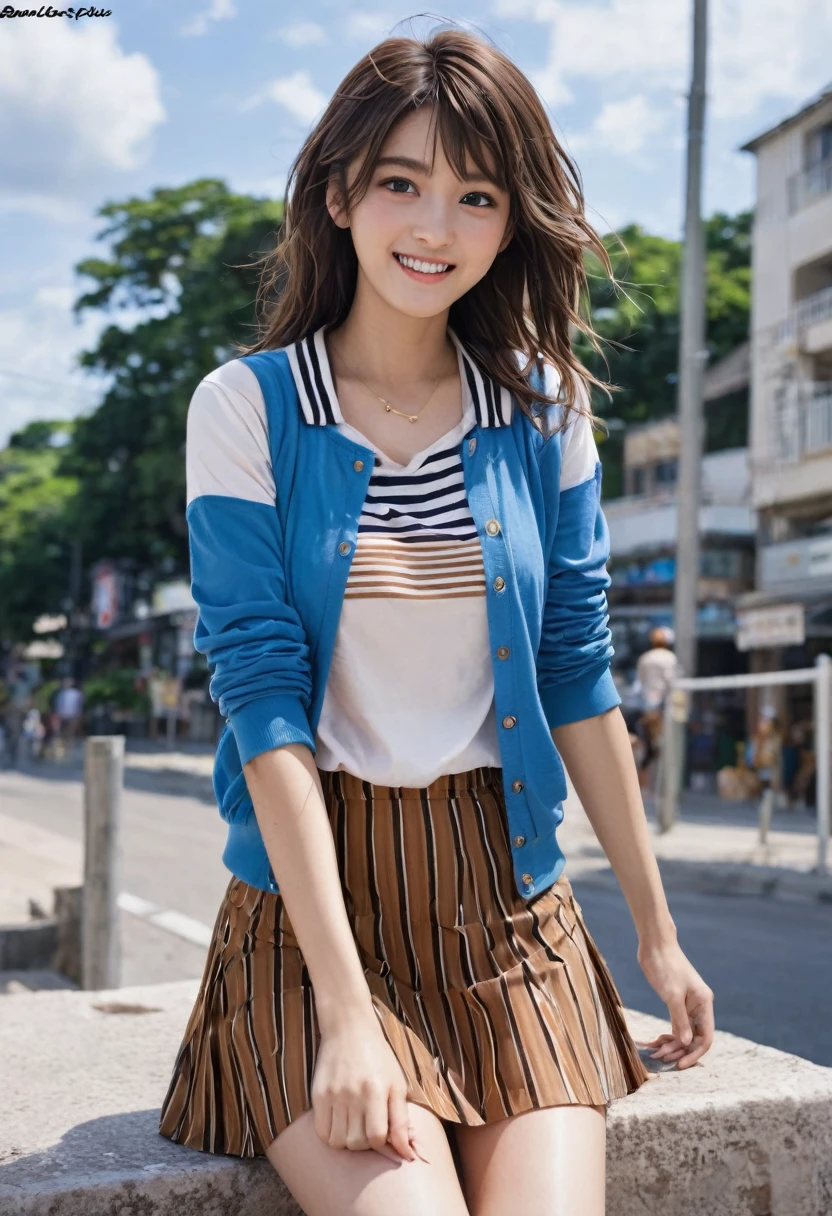 Girl 1, ultra high definition, windblown hair, brown eyes, brown hair, delicate facial features, eye smile, {{{masterpiece}}}, {{highest quality}}, high resolution, high definition, natural movements in everyday life, idol style Outfit, brown horizontal striped collar T-shirt, shoes, summer cardigan, short jacket, skirt, blouse,