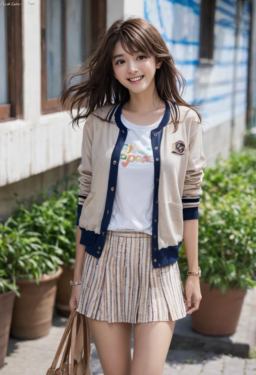 Girl 1, ultra high definition, windblown hair, brown eyes, brown hair, delicate facial features, eye smile, {{{masterpiece}}}, {{highest quality}}, high resolution, high definition, natural movements in everyday life, idol style Outfit, brown horizontal striped collar T-shirt, shoes, summer cardigan, short jacket, skirt, blouse,