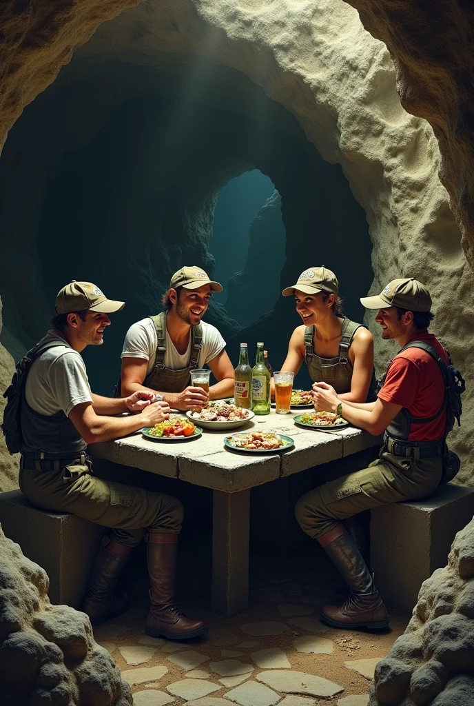 Hommes et femmes spéléo autour d une table en pierre avec de la nourriture et de l alcool, ils portent des casquettes anglaise, des chemises militaires, des pantalons de treillis camouflés, des cuissardes de pêche et un style vestimentaire un peu punk. Il sont dans les catacombes de paris