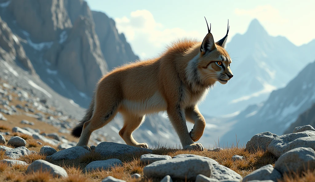 There is a wild beast on the bare mountain，Like a bobcat，Long hair on the head（best quality，4K，8k，High level，masterpiece：1.2），Ultra Detailed，（lifelike，Photo real，Photo real：1.37）