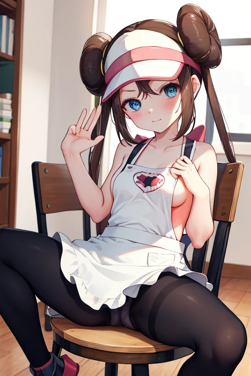 apron, Lewd Chair,Spread your legs, Sweat, (Raise one hand), heart, Love love, , shy, ,Sideboob, Small breasts, masterpiece, highest quality, High resolution, ro1, Hair Bun, Blue eyes, Twin tails, Visor Cap, pantyhose, NUDE, Black Stockings,