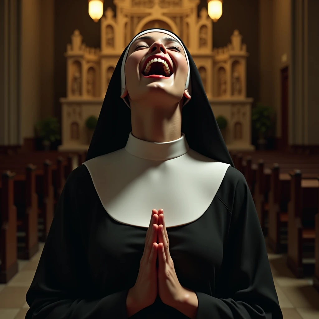 Beautiful and cute nun, she kneels and looks up at the ceiling with her hands folded in front of her chest, eyes closed and mouth wide open, Her mouth is full of translucent mucus, She is filled with happiness, beautifully detailed mouth, detailed teeth, detailed translucent mucus, from above, close-up, beautifully detailed face and body, precise crossed hands, beautifully detailed eyelids, large detailed breasts, on the altar of the chapel, erotic, sensual, professional photography, dramatic lighting, warm colors, dramatic pose, sultry expression, flawless skin, strong shadows, highlights, volumetric lighting, hyper realistic, photorealistic, chiaroscuro, cinematic, 8k, anatomically correct, textured skin, UHD, masterpiece, best quality, 8k, 16k
