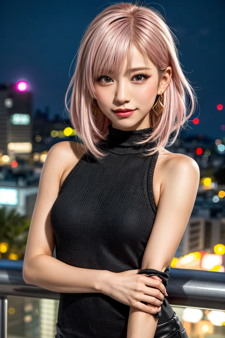 Highest quality, Tabletop, Ultra-high resolution, (Realistic:1.4), (Japanese Idols),RAW Photos, One Girl, night,Detailed skin,Blurred cityscape of South Korea,,Blonde, (Pink inner hair:1.3),Glossy Lips,smile,(Model pose:1.2),2,Beautiful and beautiful eyes,Diamond jewellery,Earrings,Gold Jewelry,Cold Light,Tight black knitwear,,(Strengthened upper arms:1.2),A well-trained body,Pixie Hair