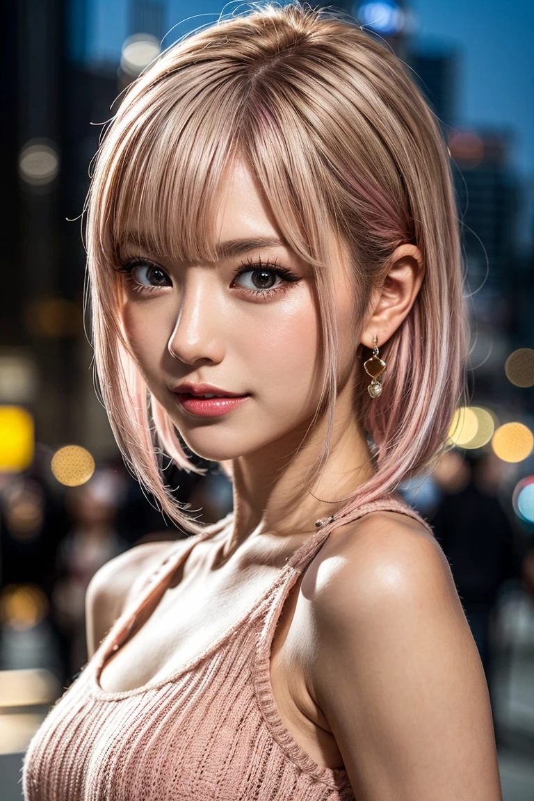 Highest quality, Tabletop, Ultra-high resolution, (Realistic:1.4), (Japanese Idols),RAW Photos, One Girl, night,Detailed skin,Blurred cityscape of South Korea,,Blonde, (Pink inner hair:1.3),Glossy Lips,smile,(Model pose:1.2),2,Beautiful and beautiful eyes,Diamond jewellery,Earrings,Gold Jewelry,Cold Light,Tight black knitwear,,(Strengthened upper arms:1.2),A well-trained body,Pixie Hair