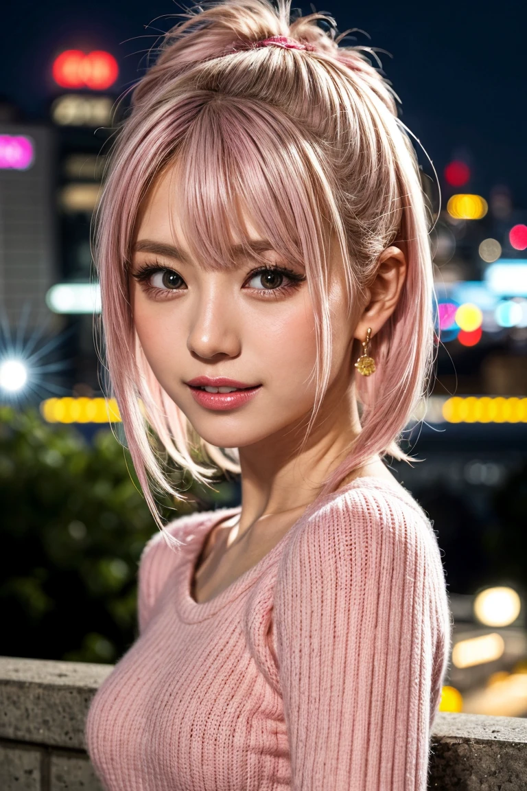Highest quality, Tabletop, Ultra-high resolution, (Realistic:1.4), (Japanese Idols),RAW Photos, One Girl, night,Detailed skin,Blurred cityscape of South Korea,,Blonde, (Pink inner hair:1.3),Glossy Lips,smile,(Model pose:1.2),2,Beautiful and beautiful eyes,Diamond jewellery,Earrings,Gold Jewelry,Cold Light,Tight black knitwear,,(Strengthened upper arms:1.2),A well-trained body,Pixie Hair