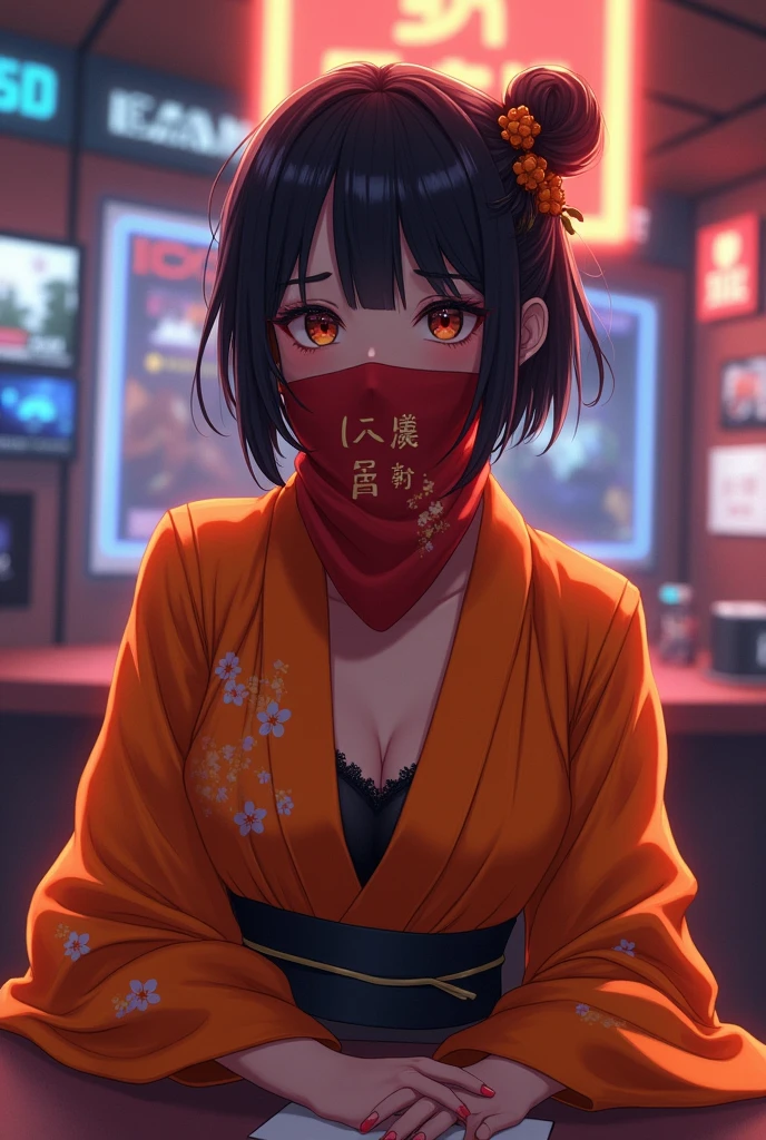 A short game commentator.「sky」The face is covered with a cloth with the words &quot;I am yours&quot; written on it, so you can&#39;t see anything.。The clothes that hide the face are traditional Japanese clothing, orange, and black undergarments.。Moe sleeves。Hairstyle: Mash