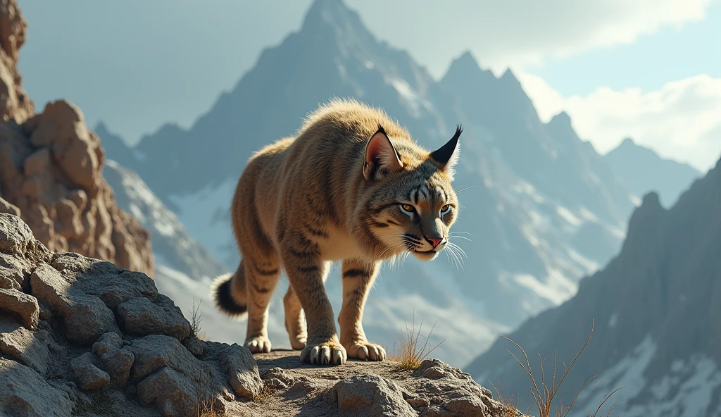 There is a wild beast on the bare mountain,Like a bobcat,Long hair on the head(best quality,4K,8k,High level,masterpiece:1.2),Ultra Detailed,(lifelike,Photo real,Photo real:1.37)