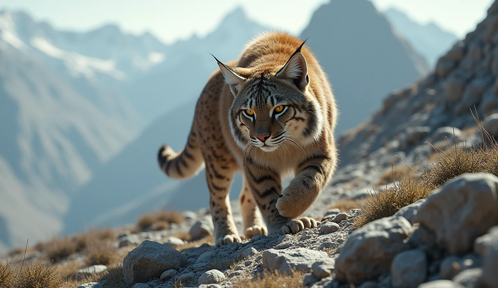 There is a wild beast on the bare mountain，Like a bobcat，Long hair on the head（best quality，4K，8k，High level，masterpiece：1.2），Ultra Detailed，（lifelike，Photo real，Photo real：1.37）