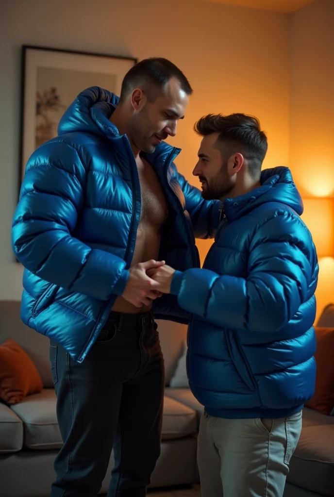 Create a hyper-realistic, high-resolution image showing two extremely handsome brightly lit living room. The wonderful and seductive uncle, aged 42, with short hair beginning to show signs of balding, is wearing dark pants and an open, *extremely shiny blue nylon puffer jacket* that exposes his slightly hairy chest and slightly prominent belly. He is kneeling on the floor, *wearing a collar around his neck*, being pulled by his gorgeous nephew, a 26 yo man with a naturally attractive physique, dressed in a fitted shirt and casual pants, stand in the side of his uncle. (((The *nephew pulls the collar with a confident and authoritative expression*, while the uncle, *kneeling*, looks up with a submissive expression))). The living room is warmly lit, with modern, comfortable decor that enhances the realism of the scene. The image should capture every detail with precision, emphasizing the interaction and contrast of roles between the two men.