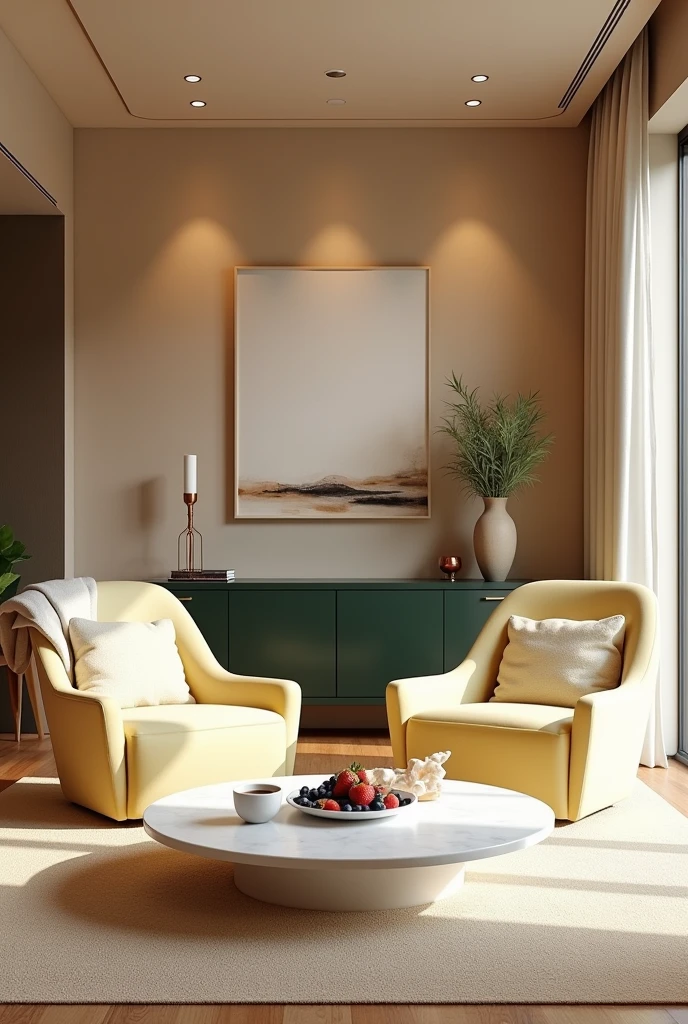 Professional 3d architecture rendering design of modern and minimal relax room with light lemon colour modern velvet 2 Florence sofa and Light cream blanket for sofa and white stone marble table modern and modern ceiling lighting and elegant ceiling lighting and Dark green consulate and modern ceiling lighting and elegant wall painting and elegant accessories and elegant green space and beautiful wall painting and modern windows and beautiful curtains and warm color for carpet and beautiful relax room and one dish of strawberry and blueberry and chocolate and cup of coffee on the table